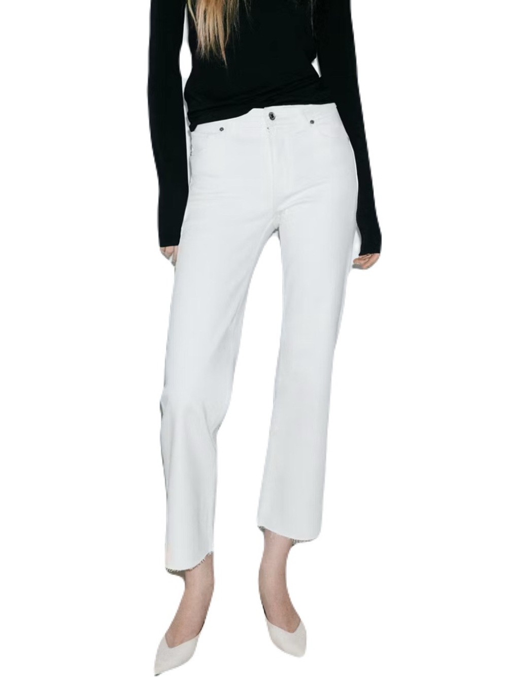 MNG Sienna High-Rise Cropped High Rise Flare White Jeans